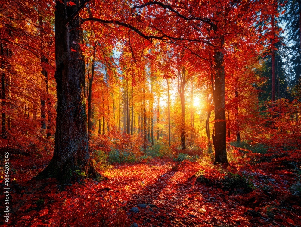 Fototapeta premium Autumn forest bathed in golden sunlight (1)