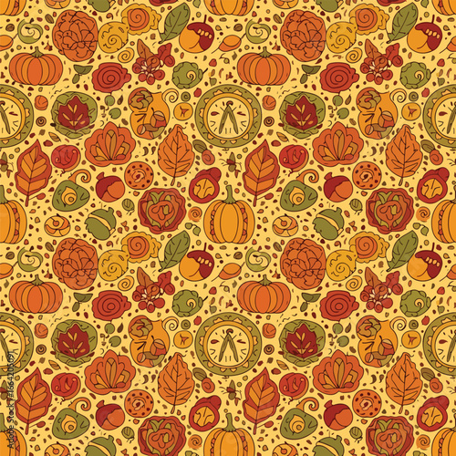 Seamless Pattern, Autumn harvest pattern with pumpkins, leaves, acorns, and seasonal elements design Stock royalty free.