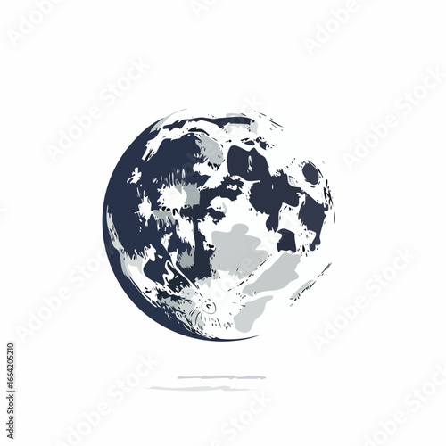 Stylized illustration of the Earth's moon with dark blue and light gray craters and features against a clean white background.