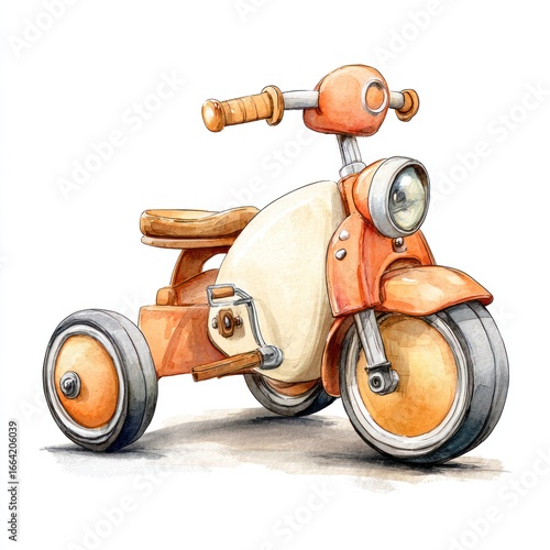 Watercolor illustration of a vintage-style tricycle.  A charming, retro-inspired children's tricycle, rendered in warm orange and cream tones.  