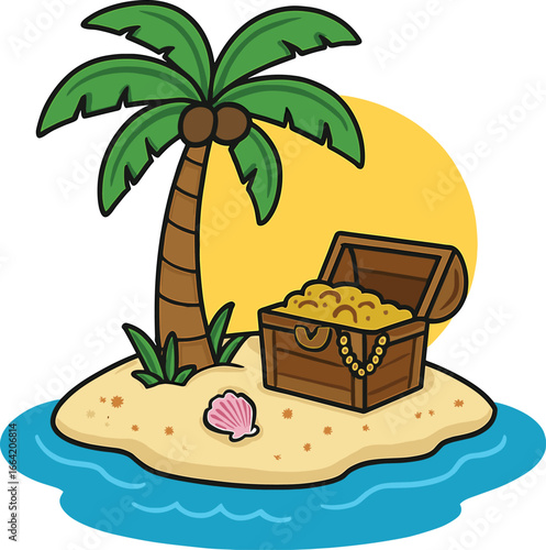 Cartoon tropical island with palm tree, treasure chest, sunset, blue waves, sandy beach, seashell, summer adventure, paradise, discovery.