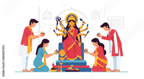 A family participates in a religious ceremony, offering prayers and devotional items to a seated deity adorned with multiple arms.
