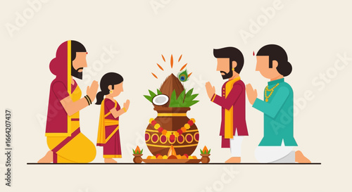 A family performing a traditional Hindu religious ceremony with a decorated pot.