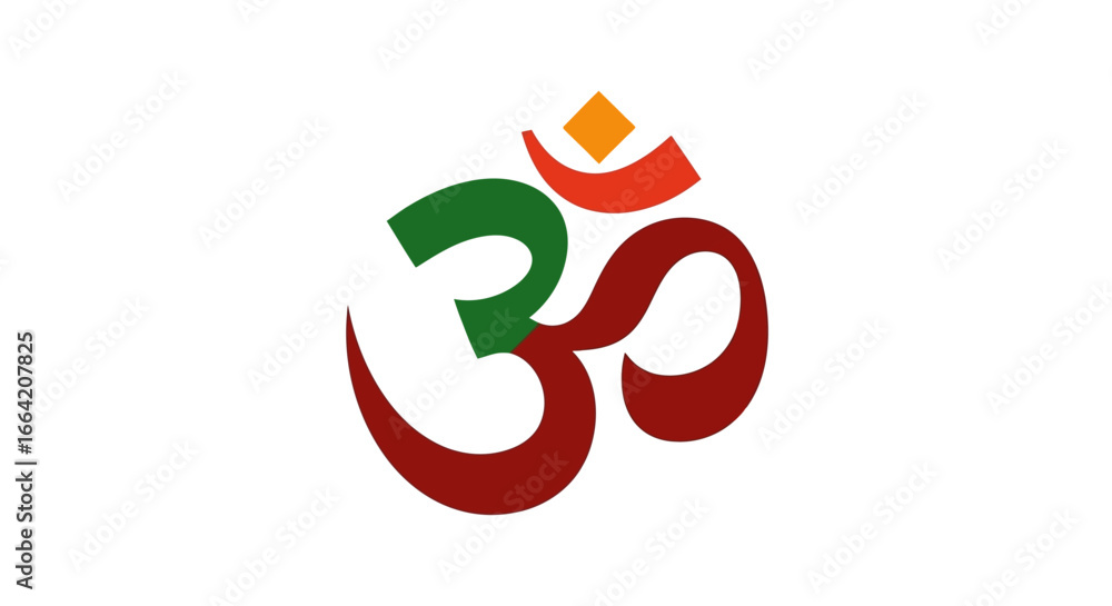 A vibrant, stylized Om symbol in red, green, and orange against a clean white background, representing spiritual significance.