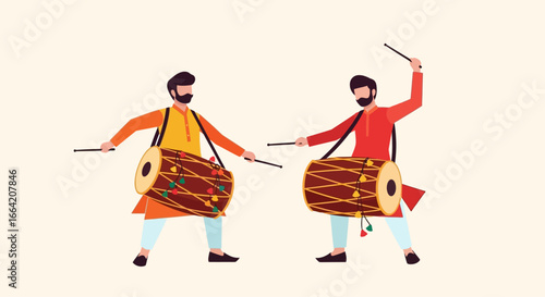 Two men in traditional Indian attire enthusiastically playing large barrel drums with sticks, creating a vibrant musical performance.