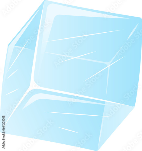 Illustration of translucent ice cube with sharp edges and realistic reflections, floating on a clean background. Ideal for food and drink designs.