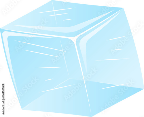 Illustration of translucent ice cube with sharp edges and realistic reflections, floating on a clean background. Ideal for food and drink designs.