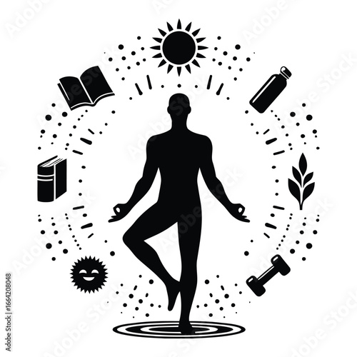Silhouette of a person in yoga pose surrounded by symbols of health fitness and knowledge for nutrition coaching 