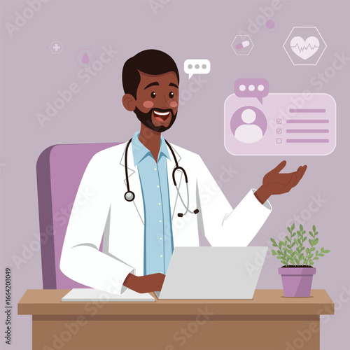Cheerful dark skinned male doctor in a white lab coat with a stethoscope sit in the office, gesturing toward digital medical icons. Suitable for healthcare, telemedicine, and medical technology themes