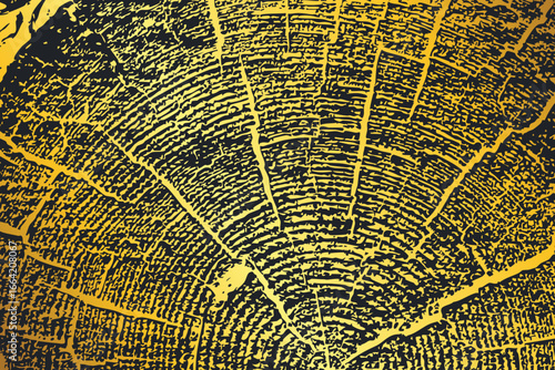 High resolution illustration of gold tree trunk cross section with detailed growth rings and natural cracks. Artistic wood grain texture in contrasting golden and dark tones for creative design projec