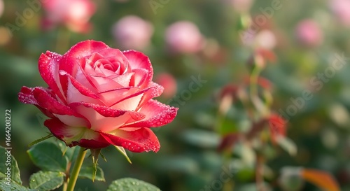Vibrant Red and White Rose Blooming in Garden.