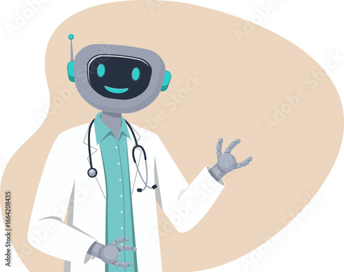 Illustration of smiling robot doctor in a white lab coat with a stethoscope. The futuristic character represents digital healthcare, innovation, and medical assistance.