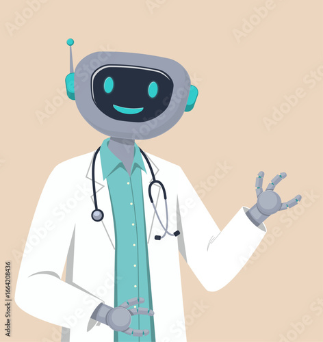 Illustration of smiling robot doctor in a white lab coat with a stethoscope. The futuristic character represents digital healthcare, innovation, and medical assistance.