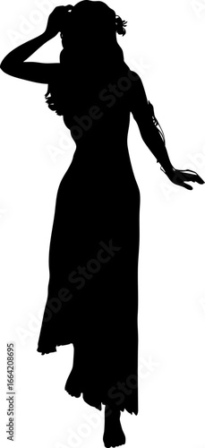 Black silhouette of a graceful woman wearing a flowing dress in a graceful gesture. Her detailed outline suggests elegance, movement, and expressive posture. Detailed fairy or nymph girl silhouette.