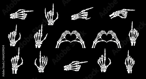 Multiple skeleton hand gestures displayed against a black background, including pointing, rock on, heart shape, and middle finger.