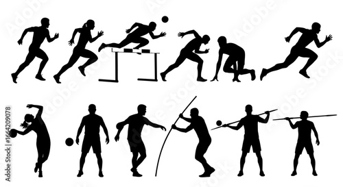 Silhouettes of athletes competing in various track and field events.