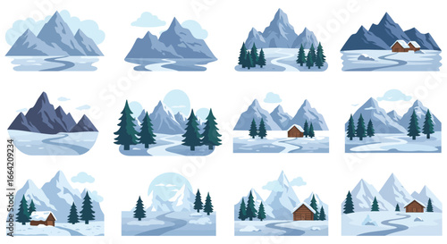 Snowy mountain landscapes with trees and houses in winter scenery
