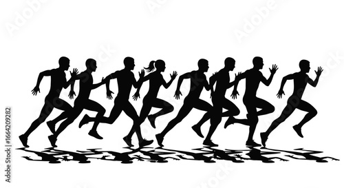 Silhouette of several runners sprinting in a race, showcasing movement and athleticism.