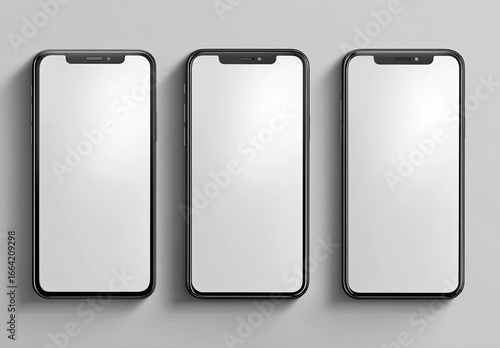 Three black smartphones with blank screens.  Top-down view