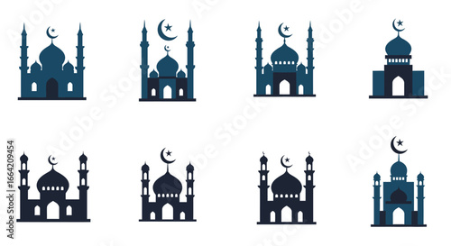 Islamic architecture mosque silhouettes with crescent moon