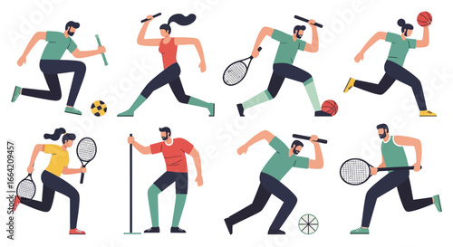 Diverse athletes in action, showcasing various sports like tennis, running, and soccer.
