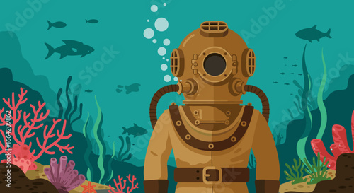 Vintage deep sea diving suit in vibrant underwater coral reef scene