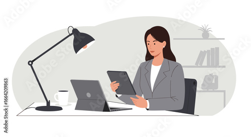 Businesswoman working at desk with tablet and laptop in modern office environment
