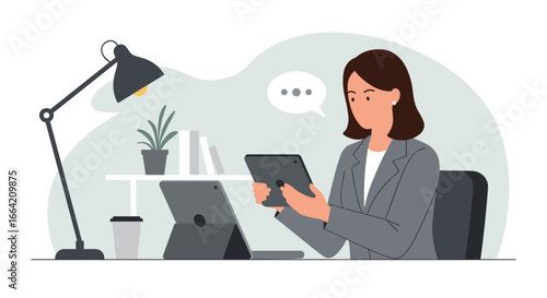 Professional woman using tablet at desk in modern office setting