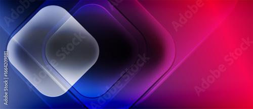 Abstract design features layered squares, gradients. Blue transitions to purple, then vibrant red. Modern, sleek aesthetic.