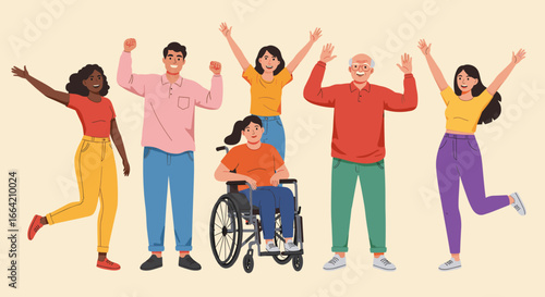 Diverse group of joyful characters celebrating together with enthusiasm and unity