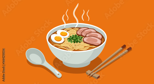 Delicious bowl of ramen with eggs and pork in flat design on orange background
