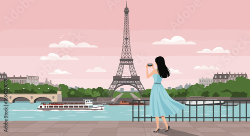 Woman photographing eiffel tower at sunset by seine river with parisian skyline