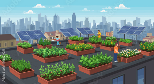 Sustainable urban rooftop garden with solar panels in a cityscape setting