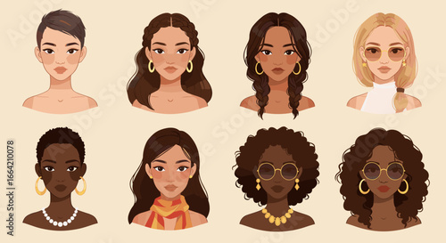 Diverse female avatars set with different hairstyles and accessories