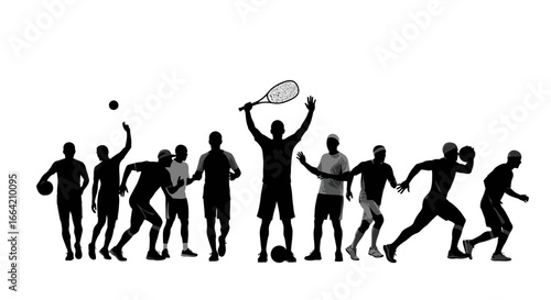 Silhouette illustration of various sports players engaged in different athletic activities.
