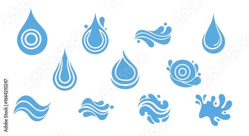 Collection of stylized blue water drop and wave icons.