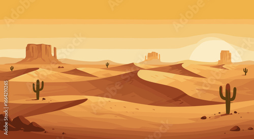 Desert landscape with cacti and distant mesas at sunset in cartoon style