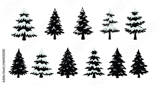 Collection of black silhouettes of snow covered pine trees on white background