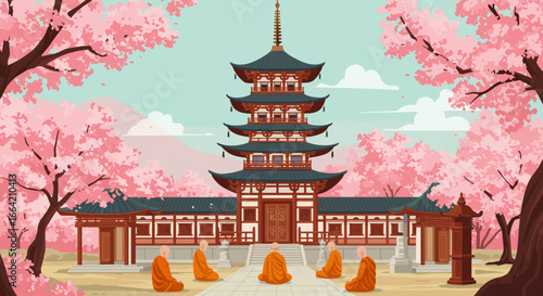 Tranquil buddhist temple amid cherry blossoms and monks in meditation