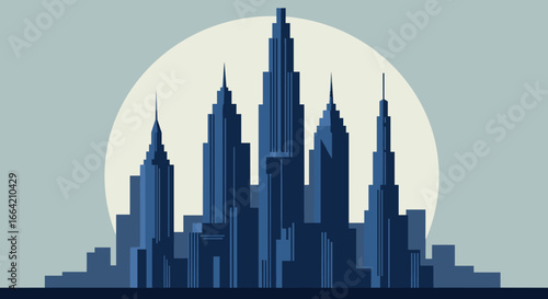 Minimalist skyline with geometric skyscrapers against a moonlit background