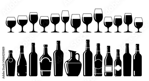 Silhouette illustration featuring an assortment of wine glasses and bottles, perfect for design.
