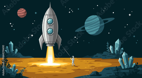Retro futuristic space exploration scene with rocket and planets