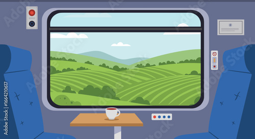 Scenic view of rolling hills from train window with coffee on table