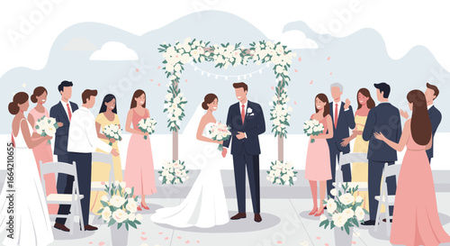 Romantic outdoor wedding ceremony with bride and groom surrounded by guests and floral arch
