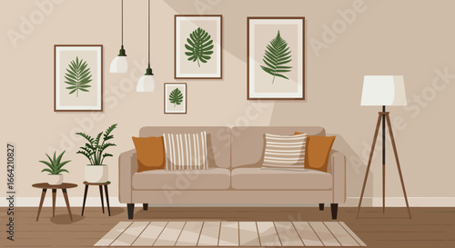 Modern living room interior with botanical artwork and cozy decor elements