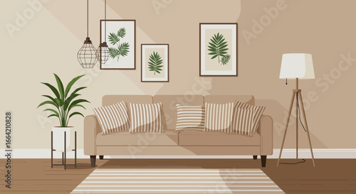 Minimalist living room with beige sofa and leaf art decor