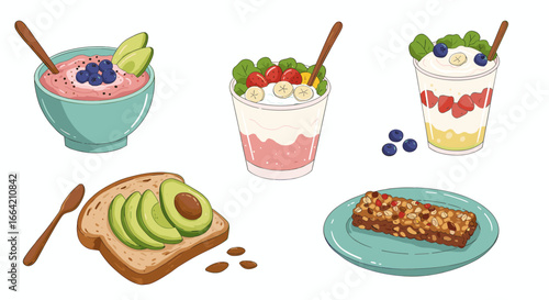 Colorful breakfast variety: smoothies, toast, and granola bar