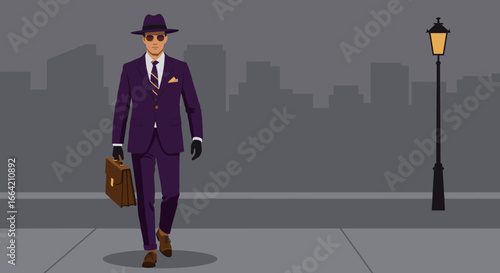 Stylish suit man walking in urban street with briefcase and city silhouette background