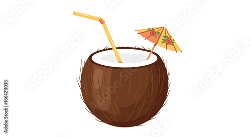 Tropical coconut drink with straw and umbrella on white background
