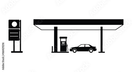 a car refueling at a gas station with a sign